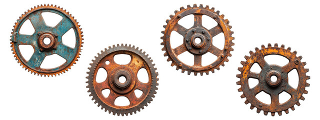 Rusty metal gears with industrial textures, isolated on transparent background