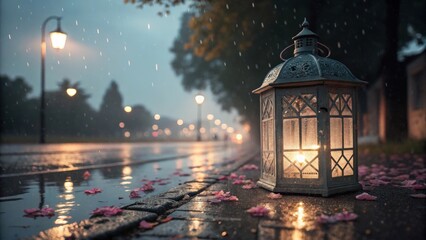 an old lantern on an evening street