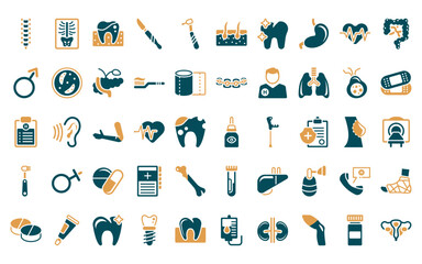 50 linear medical icon pack. vector thin line eye drops, x ray, gum, scalpel, dental drill, epidermis, tooth icons suitable for apps and websites ui designs.