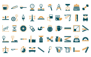 Fototapeta premium 50 linear measurement icon pack. vector thin line heavy weight, fever measuring, full spoon, manometer, groceries store scale, caliper, open compass icons suitable for apps and websites ui designs.