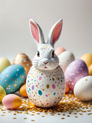 Fototapeta premium Ceramic craft of Easter bunny and eggs. 300dpi