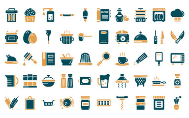 50 linear kitchen icon pack. vector thin line frying pan, cupcake, soap dispenser, rolling pin, pastry bag, recipe, olive oil icons suitable for apps and websites ui designs.