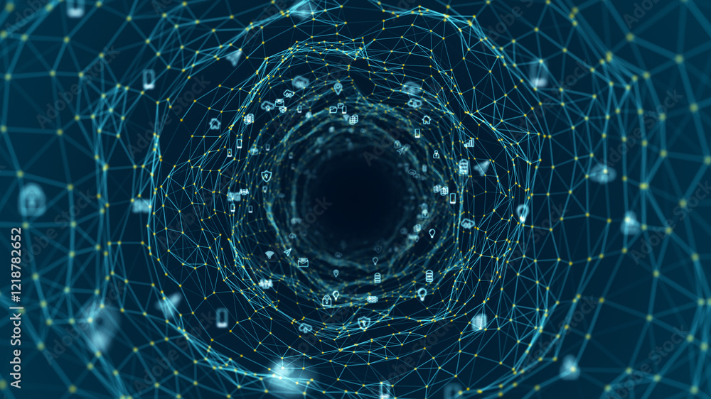 Poster blue icon and line mesh connection tunnel with polygonal technology abstract background