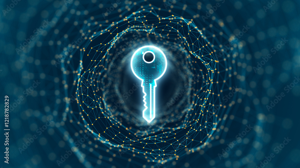 Poster blue digital security key logo and tunnel line connection with network firewall technology and data 