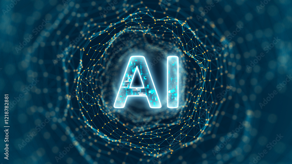 Poster blue digital ai logo and tunnel line connection with artificial intelligence and robot assistant mac