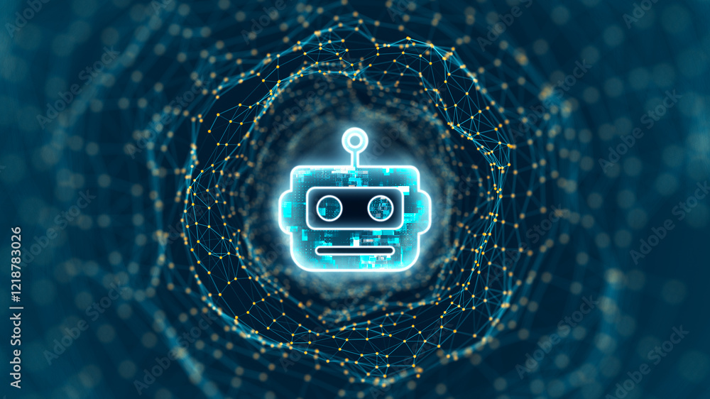 Poster blue digital robot head logo and tunnel line connection with artificial intelligence and robot assis
