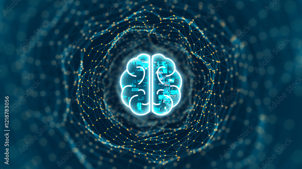 Poster blue digital brain logo and tunnel line connection with artificial intelligence and robot assistant 