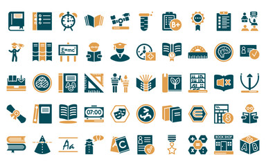 50 linear education icon pack. vector thin line open book black cover, check list, wake up, book of black cover, swing balancer, tube, test results icons suitable for apps and websites ui designs.