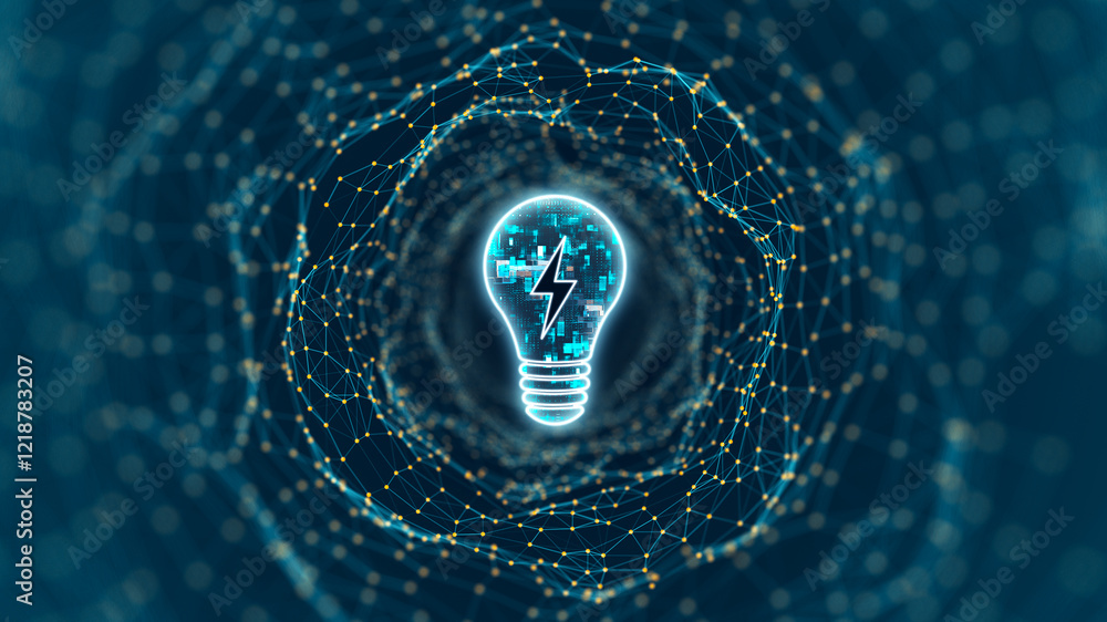 Poster blue digital light lamp logo and tunnel line connection with lightbulb and ideas concept on abstract