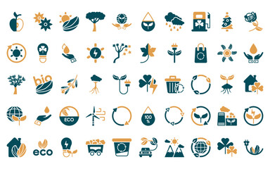 Fototapeta premium 50 linear ecology icon pack. vector thin line green power, two flowers, sunlight, tree of circular foliage, save the earth, oil drops, raining icons suitable for apps and websites ui designs.