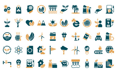 50 linear ecology icon pack. vector thin line solar plug, eco bag, awareness, sustainability, dam, plant on a hand, coconut tree icons suitable for apps and websites ui designs.