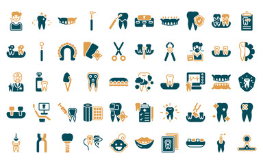 50 linear dentist icon pack. vector thin line tooth cleaning, tooth whitening, denture, dentists drill tool, scraping, clinic, dental prosthesis icons suitable for apps and websites ui designs.