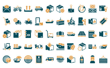 50 linear delivery and logistics icon pack. vector thin line cargo train, delivery by bike, side up, free delivery, cancelled, supply chain, destination icons suitable for apps and websites ui