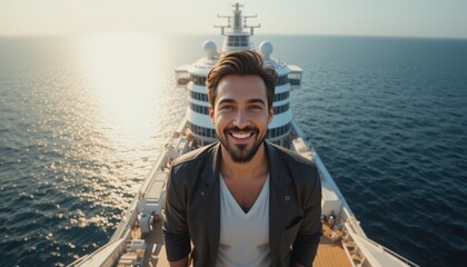 Obraz premium A man enjoys a joyful moment as he stands at the bow of a stunning cruise ship, with the golden sunset reflecting on the calm ocean waters behind him, embodying bliss and adventure