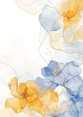 A vibrant painting showcasing yellow and blue flowers against a clean white backdrop.