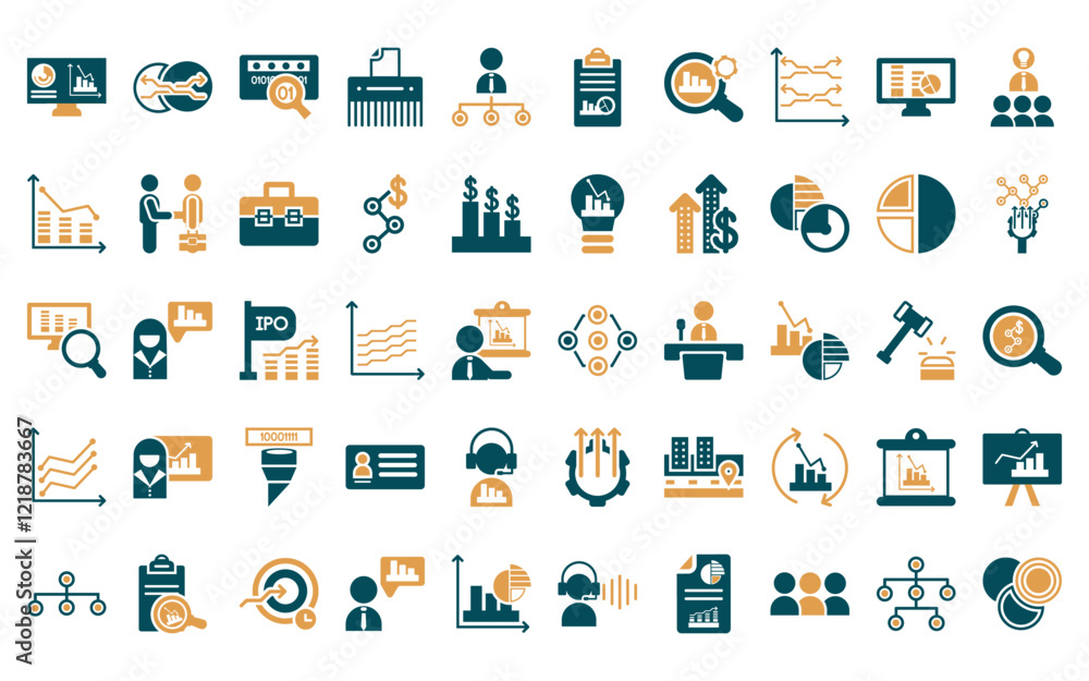 Poster 50 linear analytics icon pack. vector thin line hexagonal interconnections, merge charts, binary dat