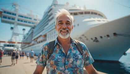 A joyful man wearing a floral shirt stands at the bustling port, surrounded by travelers. Behind him, a large cruise ship gleams under the bright sun, inviting adventure and excitement