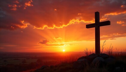 Sunset landscape with wooden cross silhouetted against vibrant orange sky, with copy space
