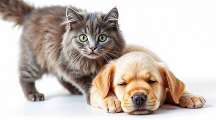 Fototapeta premium A vibrant image features a fluffy grey cat with bright green eyes and a pink nose playfully pouncing on a golden retriever puppy against a white background. Contrasting colors and balanced tones crea