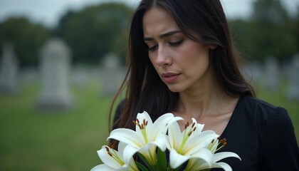 Sad woman holding white lilies in a cemetery during a somber moment