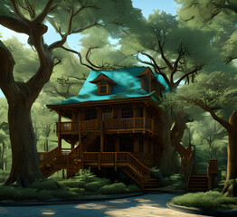 Enchanted Forest House Triangular house made of wood in the forest during the rainy season of fairy tale and fantasy .generative ai