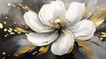 Beautiful watercolor painting featuring a white flower embellished with gold accents.