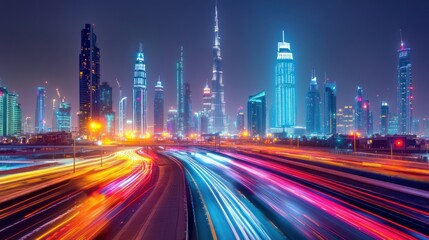 Obraz premium Dubai Skyline at Night: A Symphony of Lights and Motion