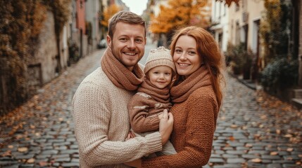 Obraz premium Cozy European Family Strolling on Cobblestone Street in Autumn Knitwear