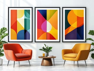 Set of Three Framed Geometric Abstract Posters in Vibrant Colors  A collection of three modern, geometric abstract posters in bold colors, 
