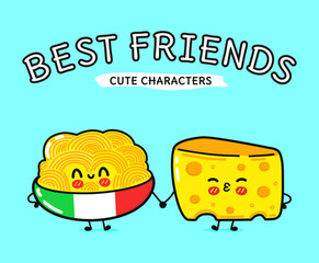 Cute characters representing friendship with macaroni and cheese holding hands on a bright blue background