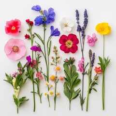 Colorful spring flowers on white background. Flat lay, top view