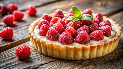 A rustic raspberry curd pie, close-up, showcasing its delectable filling and flaky crust.