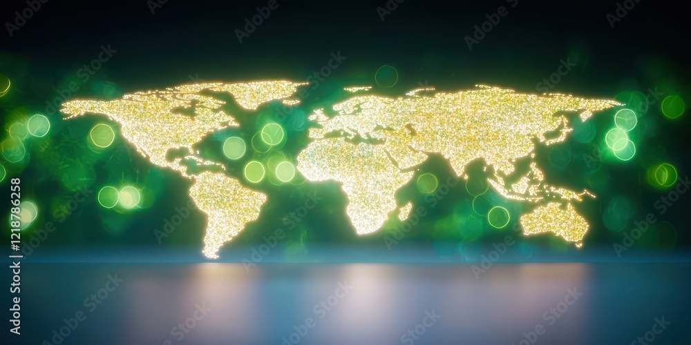Poster glittering world map with green bokeh effect