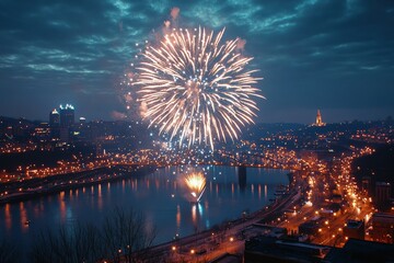 Fireworks extravaganza over river pittsburgh event photography urban nightscape aerial view...