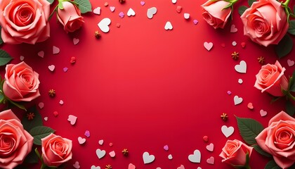 Frame made of rose flowers  confetti on  red background