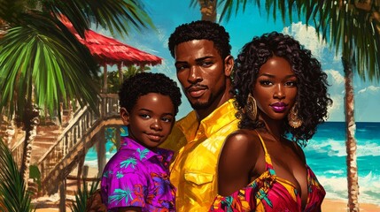 Joyful Afro-Caribbean Family Enjoying a Tropical Beach Vacation with Vibrant Colors and Palm Trees