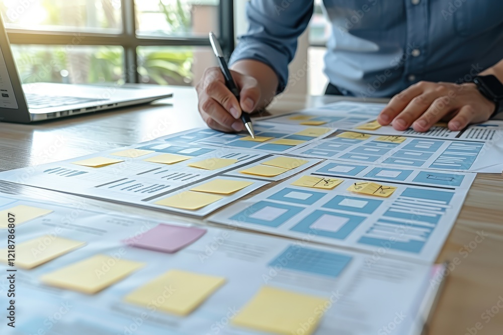 Poster a person is working on a project with sticky notes and design mockups, collaborating in a bright wor