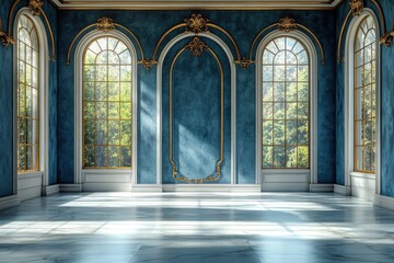 3D render of a blue wall adorned with golden baroque ornaments