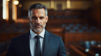 Fototapeta premium A charismatic lawyer in a dark suit and tie, standing in front of a courtroom with soft natural lighting