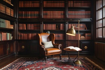 a charming vintage home library with dark wooden bookshelves reaching the ceiling, a leather armchair, a Persian rug, and a brass floor lamp