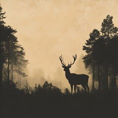 silhouette of a deer with antlers standing in a foggy forest at sunrise. 