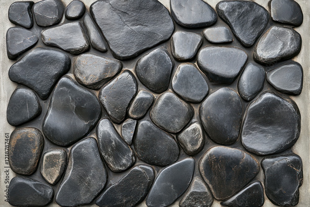 Poster a top-down view of smooth black pebbles on the ground, with small and medium-sized rocks scattered a
