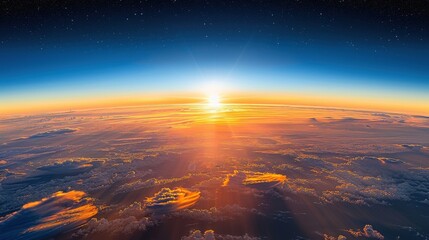 A breathtaking view of a sunrise from above the clouds, showcasing vibrant colors against the backdrop of space and the curvature of the Earth.