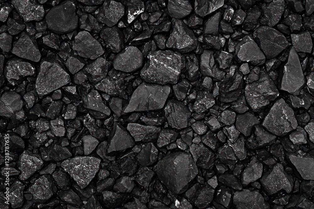 Poster a top-down view of smooth black pebbles on the ground, with small and medium-sized rocks scattered a