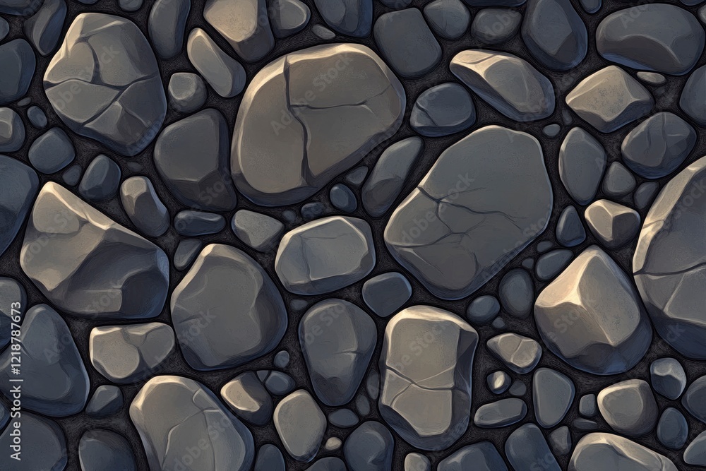 Poster a top-down view of smooth black pebbles on the ground, with small and medium-sized rocks scattered a