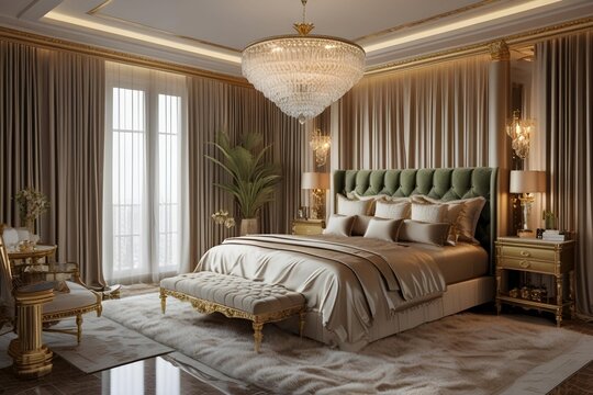 a luxurious bedroom featuring a king-sized bed with a velvet headboard, silk bedding, gold-accented furniture, a plush rug, and floor-length curtains, soft ambient lighting from a crystal chandel