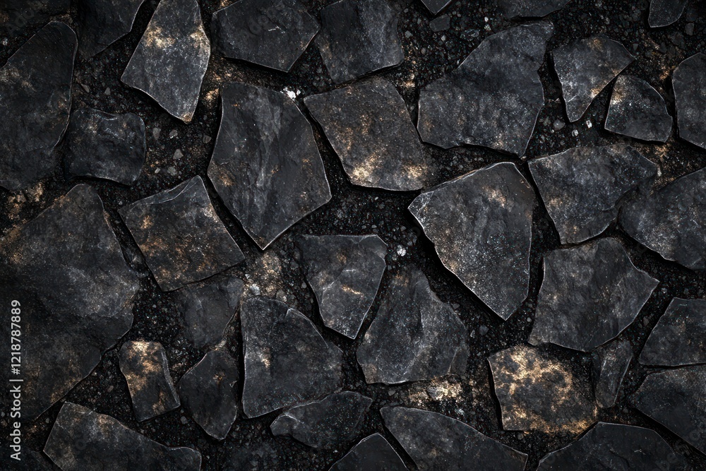 Poster a top-down view of smooth black pebbles on the ground, with small and medium-sized rocks scattered a