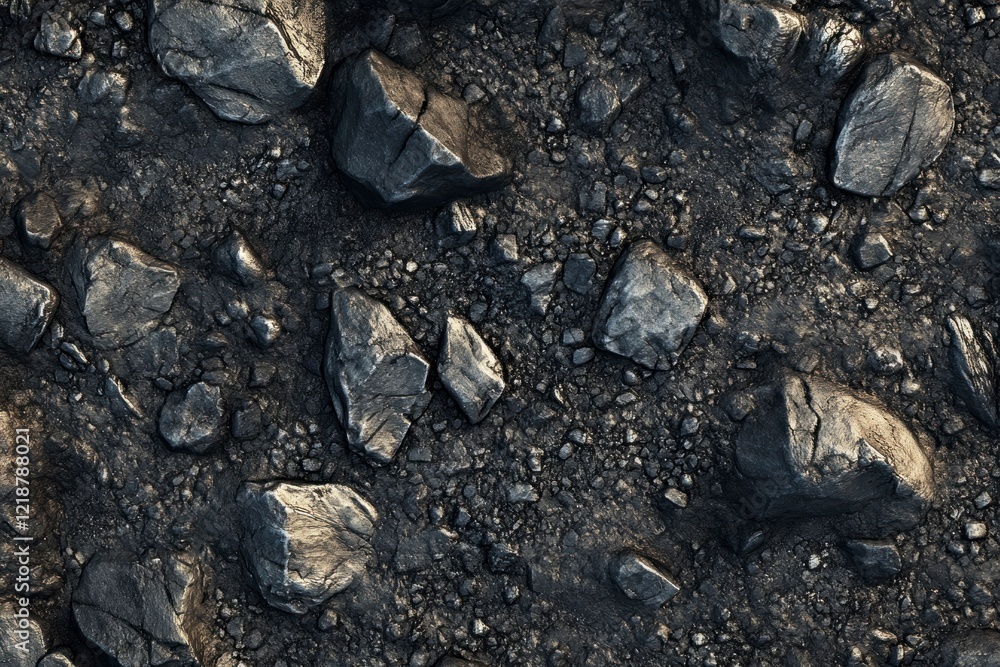 Poster a top-down view of smooth black pebbles on the ground, with small and medium-sized rocks scattered a
