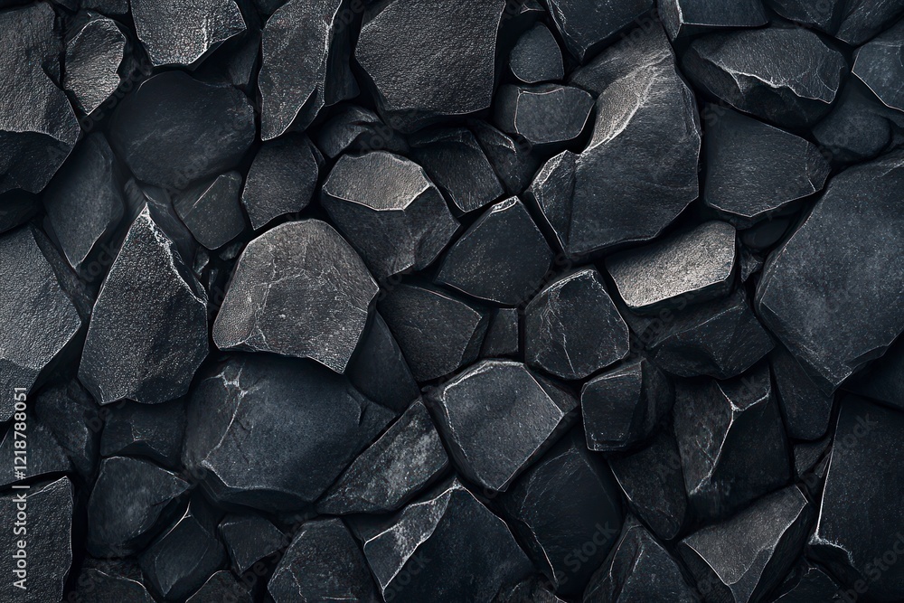 Poster a top-down view of smooth black pebbles on the ground, with small and medium-sized rocks scattered a