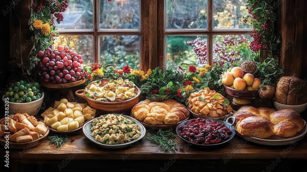 Poster a vibrant display of assorted fruits and pastries arranged on a rustic wooden table by a window